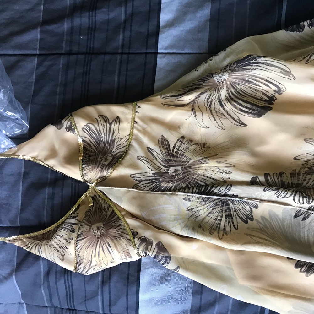 Tan, gold & black halter top dress